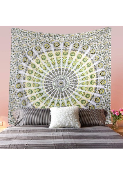 Hippi Bohem Psychedelic Altın Mavi Tavuskuşu Mandala Duvar Asılı Yatak Goblen (Sarı Yeşil, Boyut: 70,9" x 90,6") (Yurt Dışından) modelleri