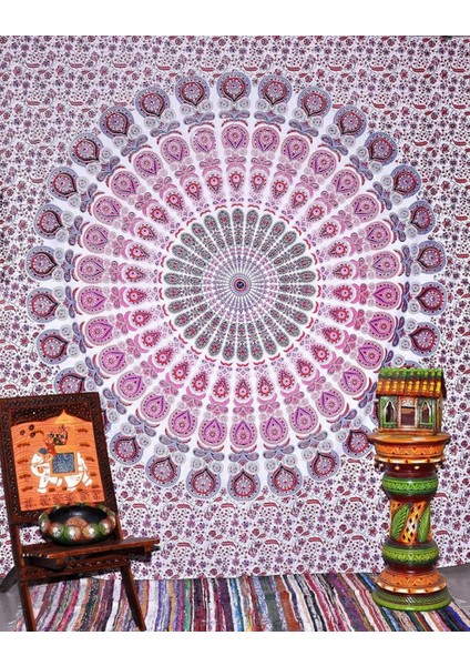 Hippi Bohem Psychedelic Altın Mavi Tavuskuşu Mandala Duvar Asılı Yatak Goblen (Pembe Mavi, Boyut: 51,2" x 59,1") (Yurt Dışından)