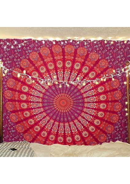 Hippi Bohem Psychedelic Altın Mavi Tavuskuşu Mandala Duvar Asılı Yatak Goblen (Mavi Kırmızı, Boyut: 70,9" x 90,6") (Yurt Dışından)
