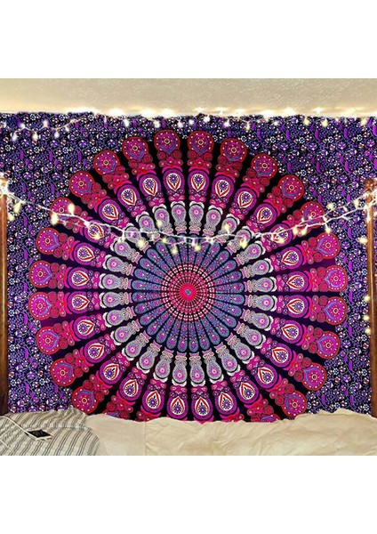 Hippi Bohem Psychedelic Altın Mavi Tavuskuşu Mandala Duvar Asılı Yatak Goblen (Mor Pembe, Boyut: 59,1" x 78,7") (Yurt Dışından)