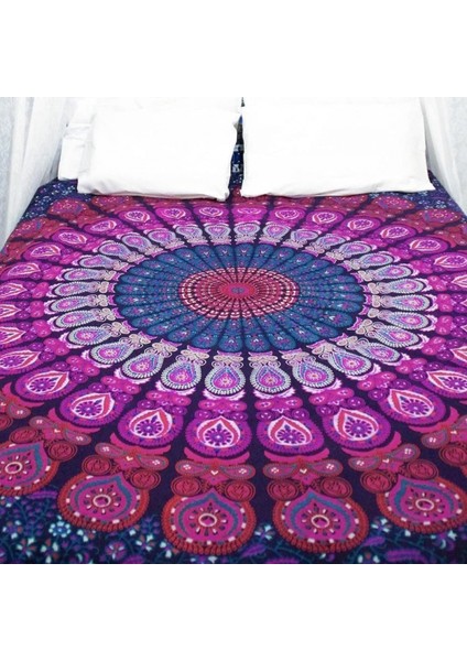 Hippi Bohem Psychedelic Altın Mavi Tavuskuşu Mandala Duvar Asılı Yatak Goblen (Mor Pembe, Boyut: 59,1" x 78,7") (Yurt Dışından)