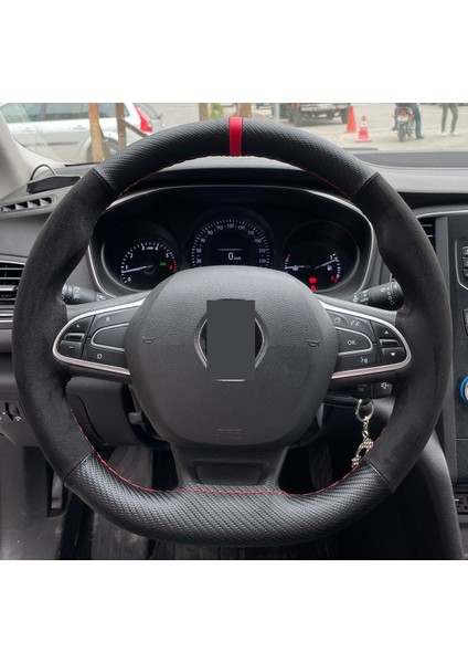 Renault Megane 2 Özel Kombin Süet Karbon Kırmızı Yüzüklü Dikmeli Deri Direksiyon Kılıfı