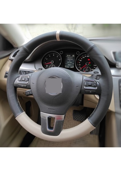 Volkswagen Golf 7 Özel Kombin Nokta Alt Koyu Bej Yüzüklü Dikmeli Deri Direksiyon Kılıfı