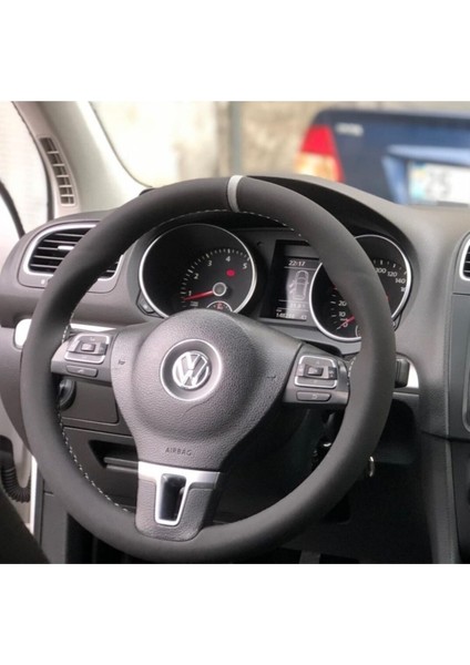 Uyumlu Volkswagen Golf Gri Yüzüklü Nubuk Alcantara Deri Direksiyon Kılıfı