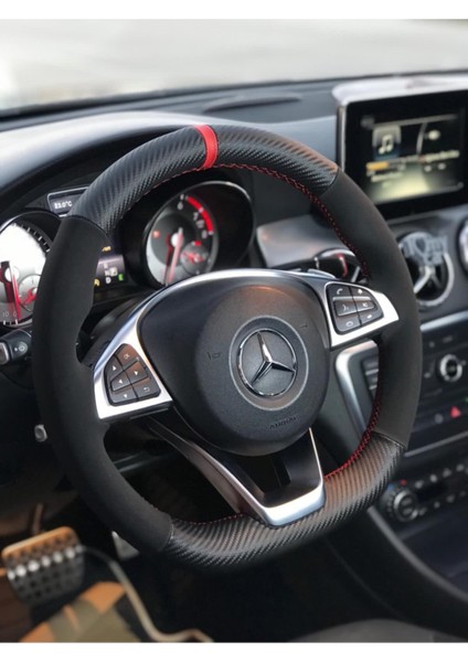 Renault Megane 1 Araç Için Kırmızı Yüzüklü Karbon Nubuk Deri Dikmeli Direksiyon Kılıfı