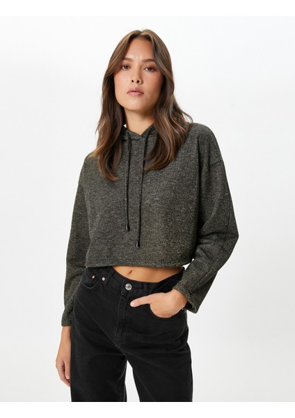 Kapşonlu Crop Sweatshirt Simli Uzun Kollu