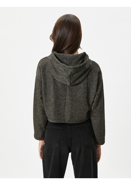 Kapşonlu Crop Sweatshirt Simli Uzun Kollu fırsatları