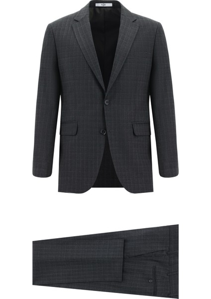 Slim Fit Yünlü Klasik Ekose Takım Elbise