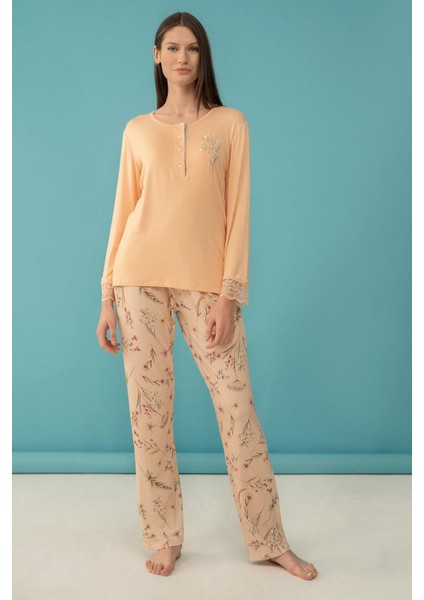 4065 Klasik Çıtır Çiçek Baskılı Uzun Kol Bayan Pijama Takım