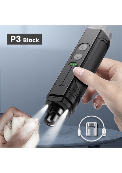 P3 Siyah P3 Rojeco P3 Elektrikli Evcil Hayvan Tırnak Törpüsü Profesyonel Köpek Tırnak Makası + 2 LED Işık Şarj Edilebilir Kedi Pençesi Tırnak Bakım Aksesuarları (Yurt Dışından)