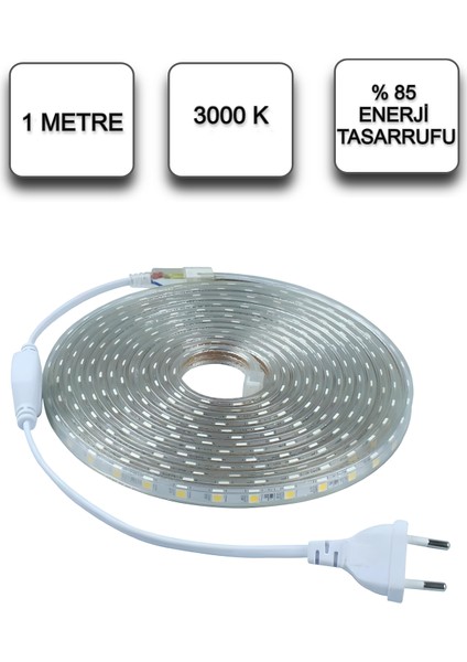 Şerit Led Enerji Tasarruflu Su Geçirmez Led Işık Adaptörlü Led Monte Aparatlı Sıcak Işık Led 1 M