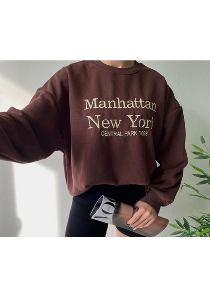 Kadın Kahverengi Manhattan Baskılı Sweatshirt