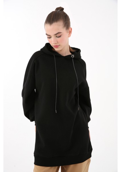 Arkası Fermuarlı Kapüşonlu Şardonlu Oversize Sweat Tunik