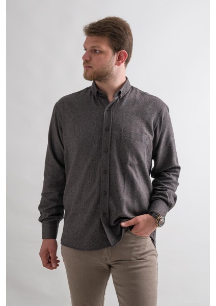 Rahat Kesim Cepli Yaka Düğmeli Armürlü Nokta Desenli Kışlık Kumaş Erkek Gömlek