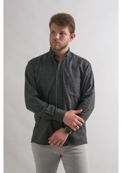 Rahat Kesim Cepli Yaka Düğmeli Armürlü Nokta Desenli Kışlık Kumaş Erkek Gömlek