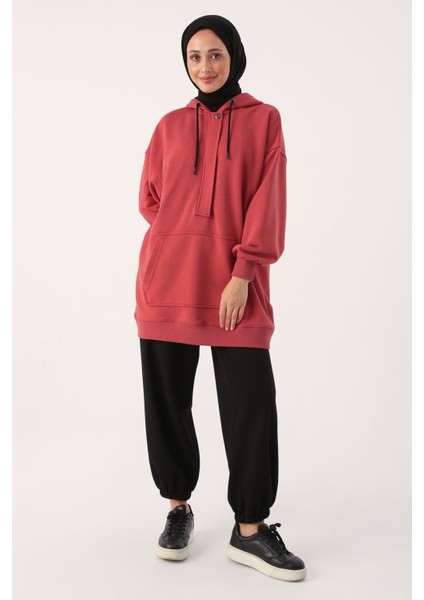 Oversize Kapüşonlu Kanguru Cepli Sweat Tunik