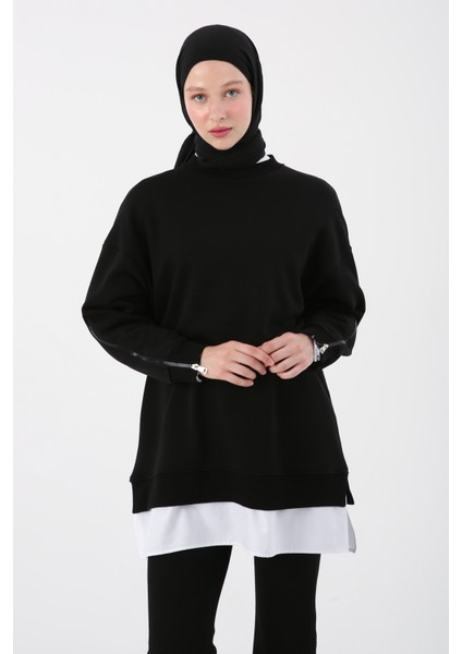 Kolları Fermuarlı Dokuma Garnili Oversize Sweat Tunik