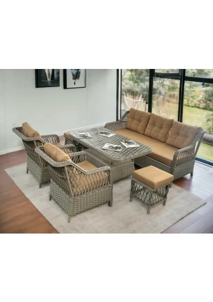 Tu Tienda PETRA Rattan 3+1+1+2puf+Masa Rattan Bahçe Balkon Mobilyası,Kiremit