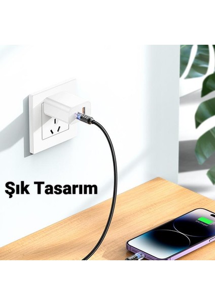 Hc Series LED Işıklı 1mt 27W Type-C To iPhone Lightning Süper Hızlı Data ve Şarj Kablosu, Akım ve Isı Korumalı Halat Kopmaz Lightning Kablo