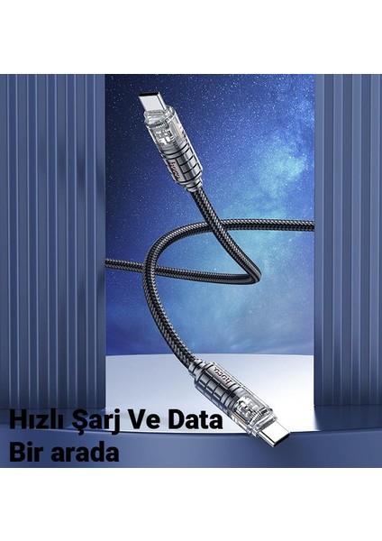 Hc Crystal Series 1mt 60W 3A Type C To Type-C Data ve Şarj Kablosu, Akım ve Isı Korumalı Halat Kopmaz Type C Kablo, LED Işıklı