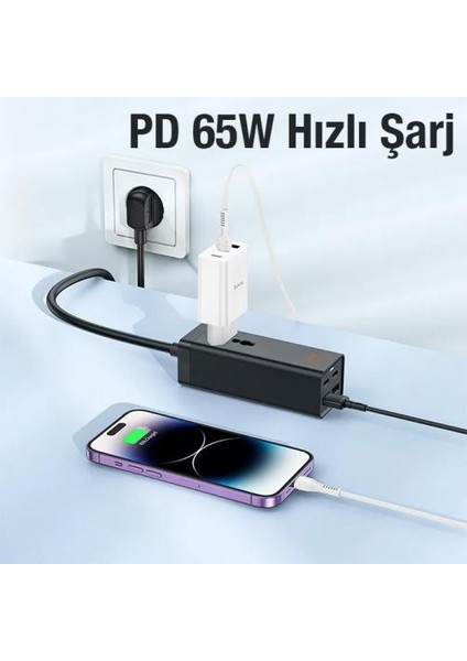 Polha Hc Series Süper Hızlı 65W 2 Type-C, 2 USB ve Priz Multifonksiyonel Şarj Aleti, Isınmaz Akım Korumalı Şarj Başlığı