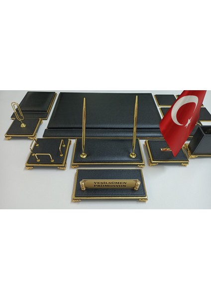 Lüks Tasarım Siyah ve Gold Deriden Oluşan Sümen ve Makam Takımı