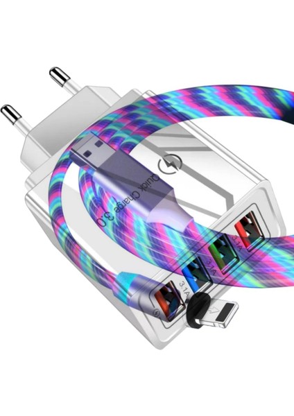 A6 Çoklu Şarj Adaptörü 4 Port + J21 Lightning Ios Magnetic Akan LED Işıklı Şarj Kablosu -1mt