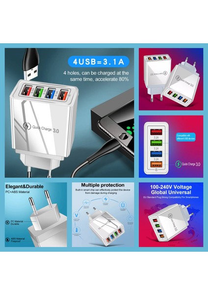 A6 Çoklu Şarj Adaptörü 4 Port + J21 Lightning Ios Magnetic Akan LED Işıklı Şarj Kablosu -1mt