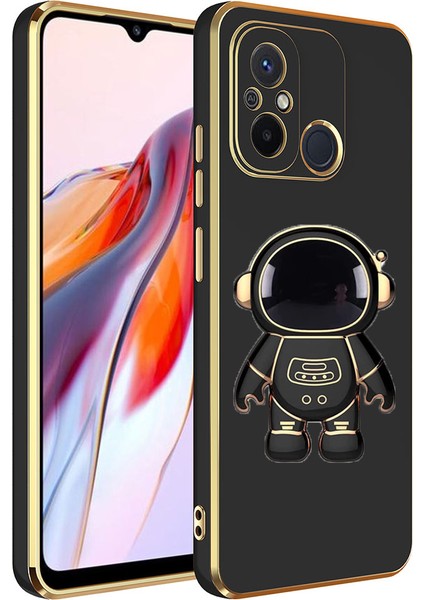 Xiaomi Redmi 12C Kılıf Kamera Korumalı Astronot Desenli Standlı Silikon Siyah