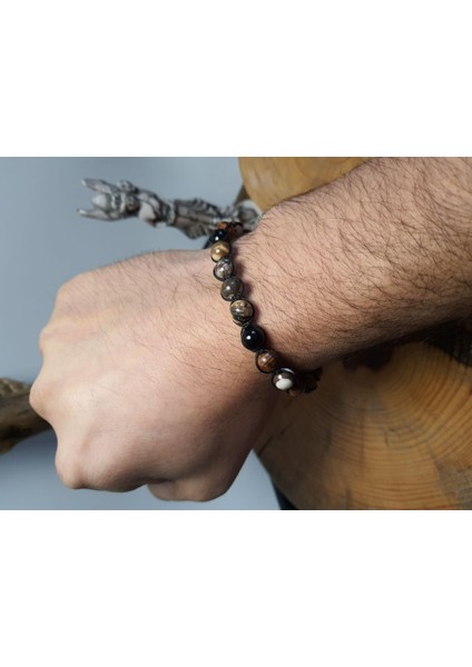 JTAW24DOB1359 Janti Erkek Bileklik Orijinal Jasper ve Tibet Akik Doğaltaş 8 mm Asansör Kapama Örme Kutulu Garantili fiyatları