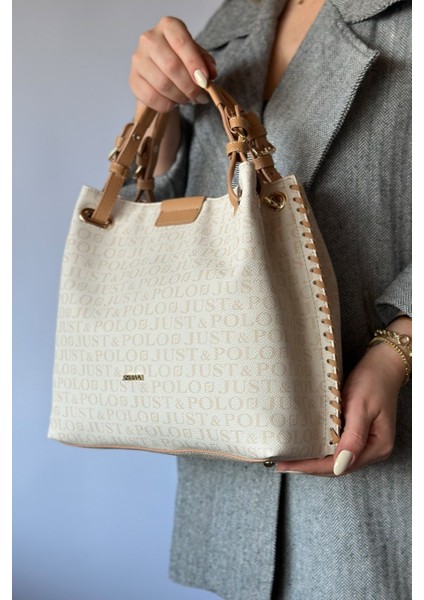 4 Bölmeli Büyük Boy Örgülü Model Ayarlanabilir Askılı Kadin Omuz Cantasi 2180 Krem 2