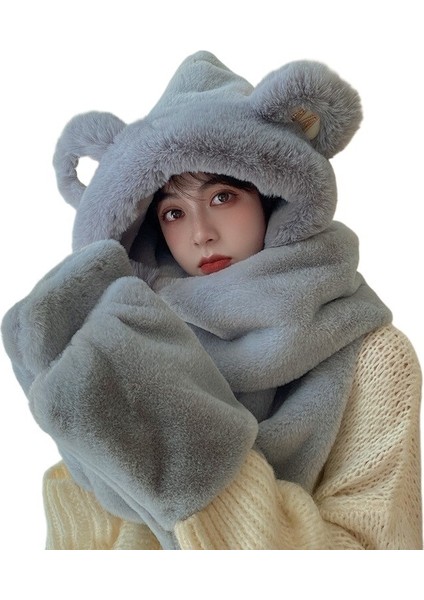 Sonbahar ve Kış Peluş Eşarp Eldiven Üç Parçalı Kalınlaşmış Şapka Kadınlar Için (Yurt Dışından)