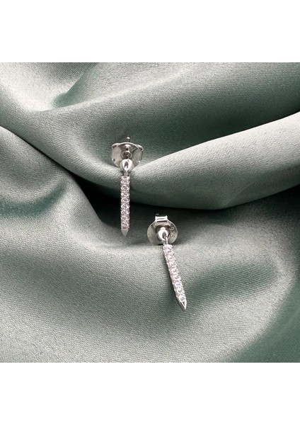 Vidalı Sallantılı Zirkon Çubuk Rhodium Kaplama Kadın Gümüş Küpe