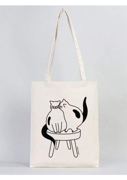 Beyhan Bayhan 320 Gram Yan Yana Serisi - Kediler 02 Baskılı Kanvas Bez Çanta 35×40 cm