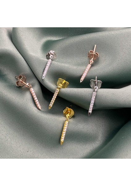 Vidalı Sallantılı Zirkon Çubuk Rose Gold Kaplama Kadın Gümüş Küpe modelleri