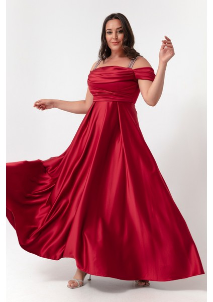 Kadın Bordo Taş Askılı Drapeli Büyük Beden Uzun Abiye Elbise