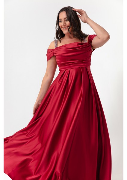 Kadın Bordo Taş Askılı Drapeli Büyük Beden Uzun Abiye Elbise fiyatları