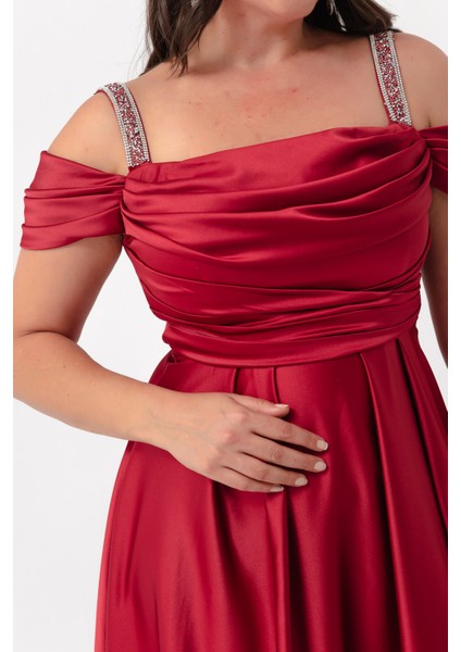 Kadın Bordo Taş Askılı Drapeli Büyük Beden Uzun Abiye Elbise fırsatları