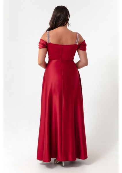 Kadın Bordo Taş Askılı Drapeli Büyük Beden Uzun Abiye Elbise indirimleri