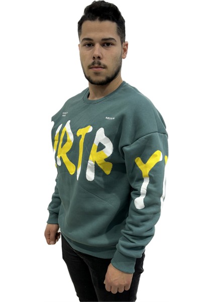 Erkek Sıfır Yaka Baskılı Oversize Sweatshırt Yeşil