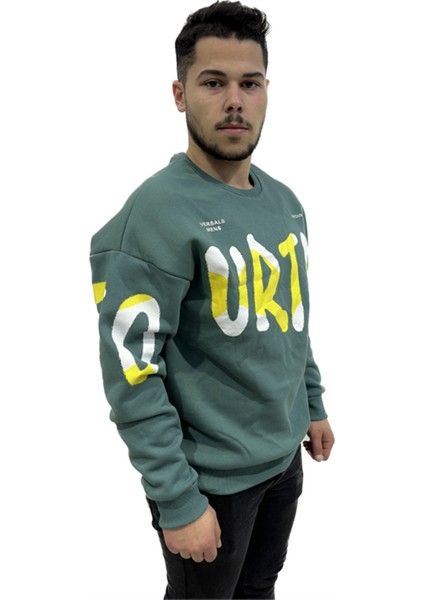 Erkek Sıfır Yaka Baskılı Oversize Sweatshırt Yeşil fiyatları