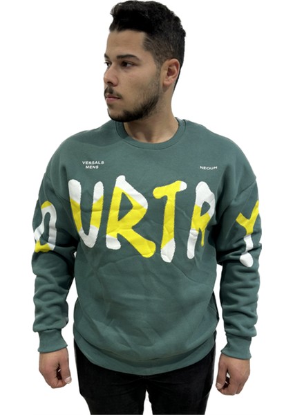 Erkek Sıfır Yaka Baskılı Oversize Sweatshırt Yeşil modelleri