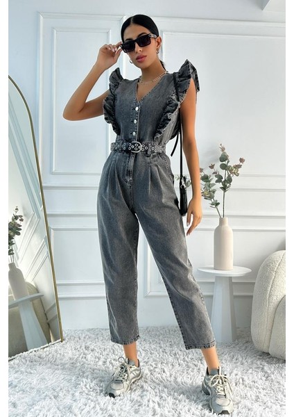 Kadın Fırfır Detaylı Kolsuz Mom Kalıp Denim Tulum