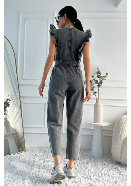 Kadın Fırfır Detaylı Kolsuz Mom Kalıp Denim Tulum