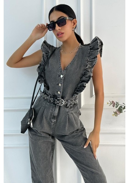 Kadın Fırfır Detaylı Kolsuz Mom Kalıp Denim Tulum