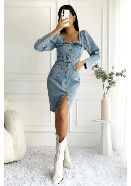 Kadın Yırtmaç Detaylı Uzun Kollu Denim Midi Mavi Elbise