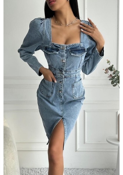 Kadın Yırtmaç Detaylı Uzun Kollu Denim Midi Mavi Elbise