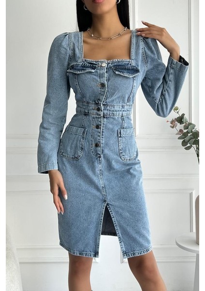 Kadın Yırtmaç Detaylı Uzun Kollu Denim Midi Mavi Elbise