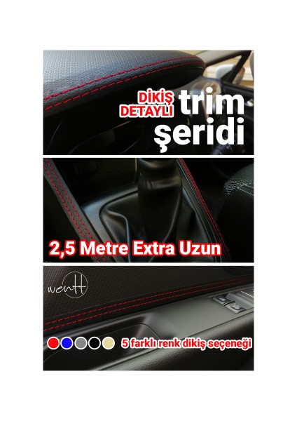 Araç Içi Kırmızı Dikiş Detaylı Kendinden Yapışkanlı Deri Trim Şerit 2,5 Metre