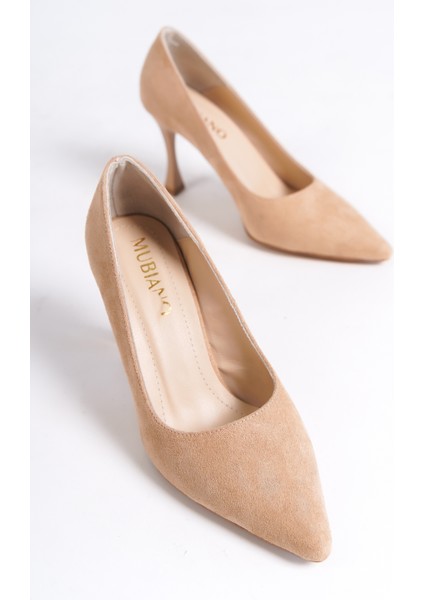 Hakiki Deri MB970-BJ Kadın İnce 9 cm Topuklu Bej Süet Stiletto & Topuklu Ayakkabı fırsatları